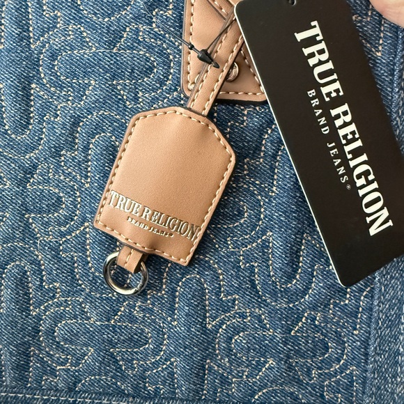 NWT True Religion Quilted Horseshoe Denim Tote Bag - Blue/Tan - Picture 2 of 7